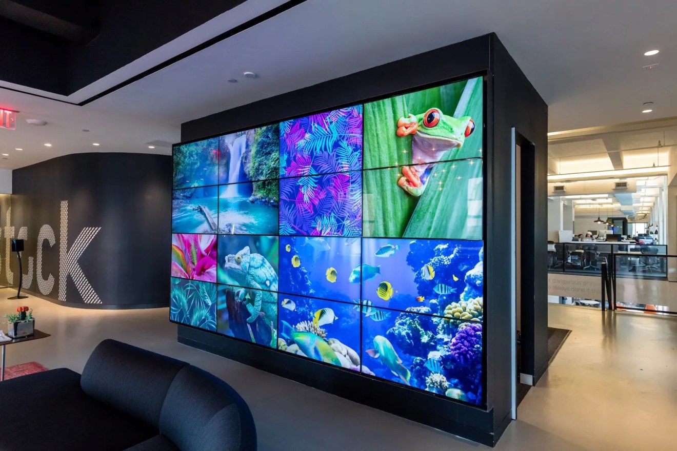 Video wall showcases vibrant content for digital solution publishing or editorial workflow.