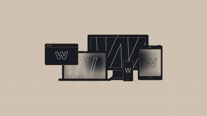 A collection of devices, including a laptop, tablet, desktop, and smartphone, each displaying the letter "W" in a modern design, representing the concept of technology across different platforms.