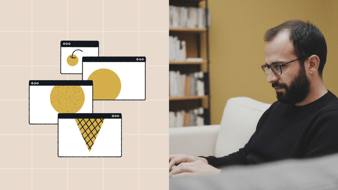 Illustration of modular browser windows with interchangeable elements, representing enterprise CMS personalization, alongside a person working on a laptop to symbolize engagement and content customization.