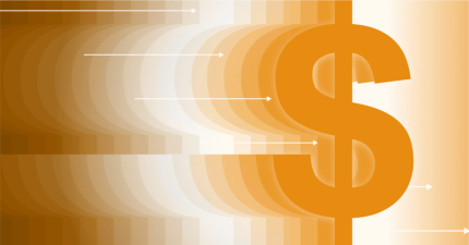 Orange dollar sign with rightward white arrows representing digital solution content monetization or revenue integration.