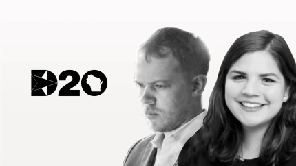 Poster with D20 logo and images of Andrew Binns & Hannah Flom