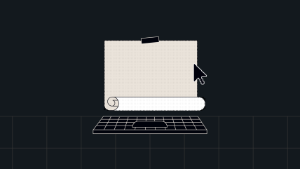 Illustration of a computer with a blank scroll of paper taped to the screen and a pixelated cursor hovering over it, symbolizing a fresh start or open potential. Title reference: “What If Media Companies Could Approach Product-Led Growth Like a Blank Page?”