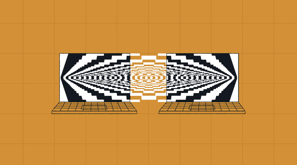Illustration of two laptops facing each other, their screens connected by a mirrored, abstract pattern that suggests data flow and integration, representing a hybrid CMS approach.