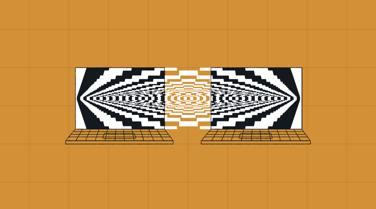 Illustration of two laptops facing each other, their screens connected by a mirrored, abstract pattern that suggests data flow and integration, representing a hybrid CMS approach.