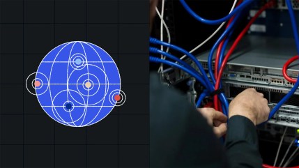 A blue globe diagram on the left; hands connect network cables to servers on the right, illustrating wordpress cdn integration.