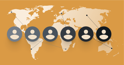 People icons networked over world map, representing global content collaboration for a digital solution.