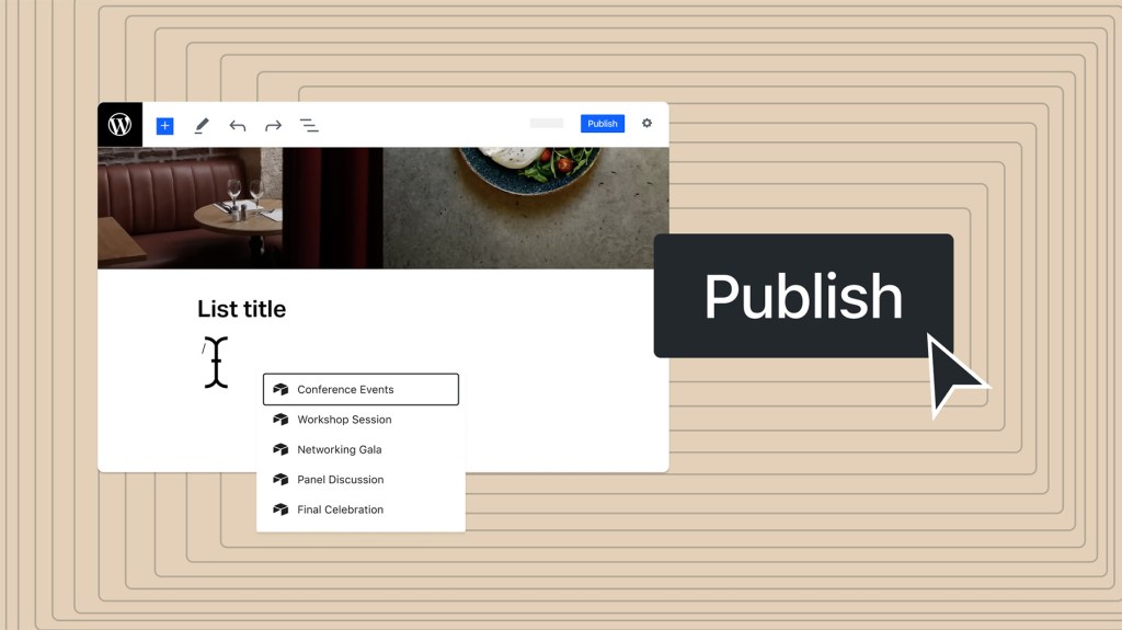 WordPress editor showing event list and a large “Publish” button.