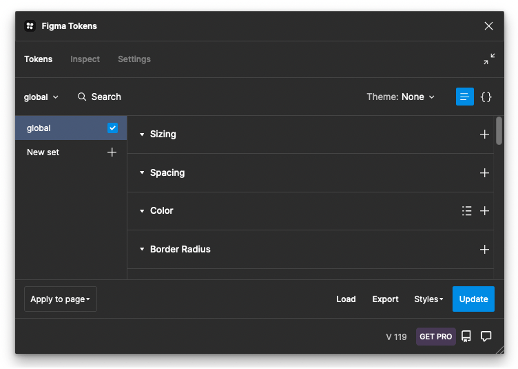 Figma Tokens plugin window showing digital solution design settings for sizing, spacing, color, and borders.