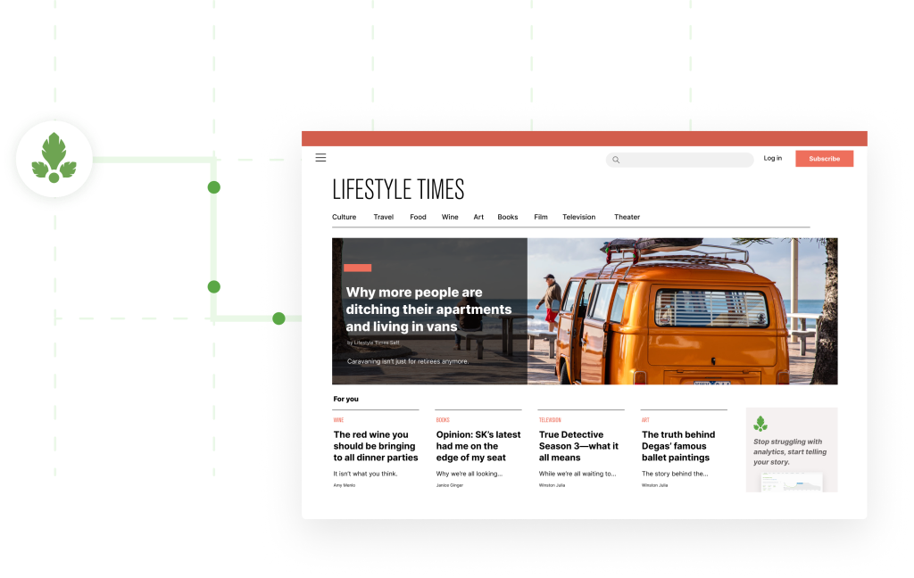 Illustration of the Parse.ly content API personalization engine, placed on a website titled "Lifestyle Times"