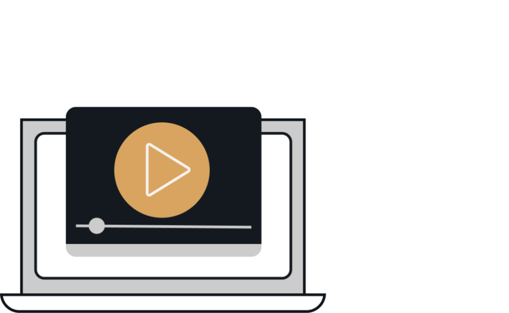 A laptop with a play button on screen, symbolizing video or webinar content.