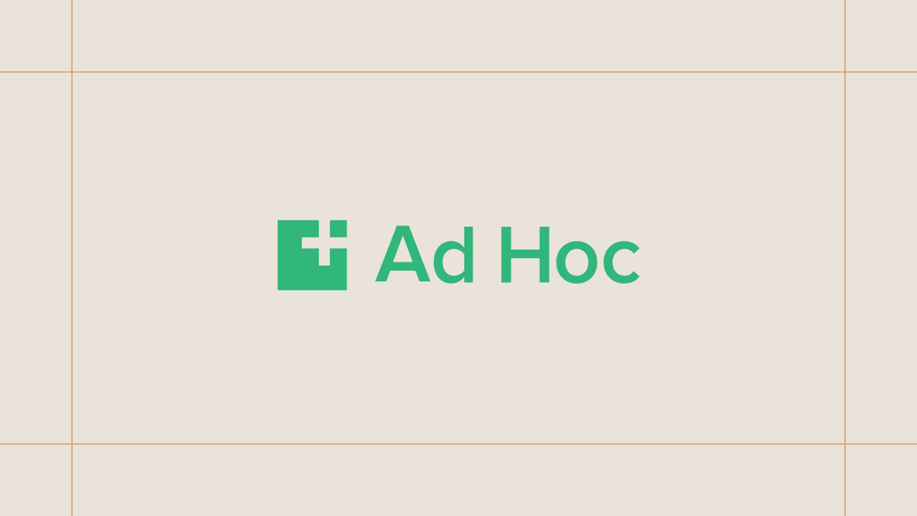 Ad Hoc logo on a cream background, framed by thin gold lines.