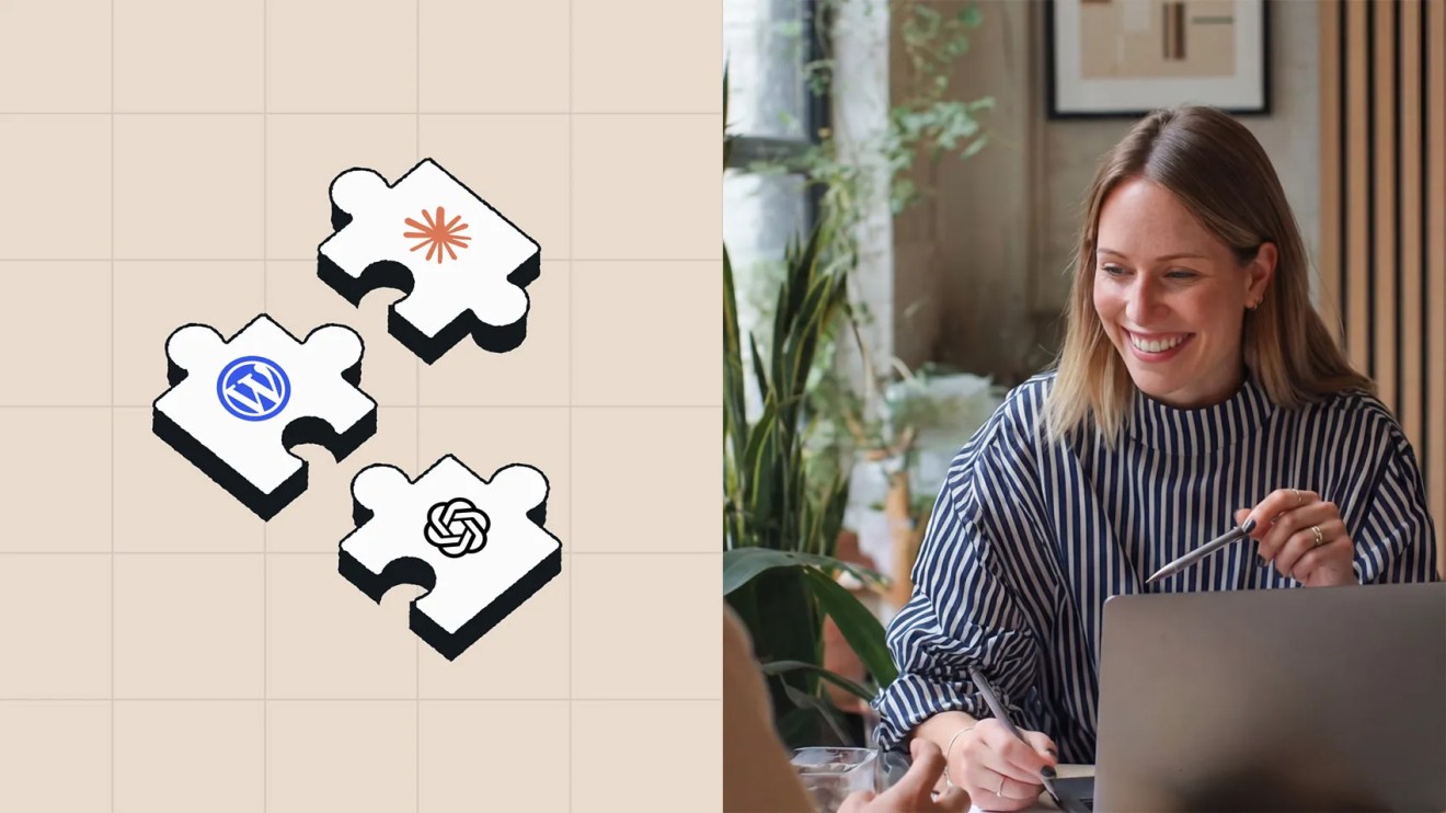 Three puzzle pieces with logos and a smiling woman working at a laptop in a modern office setting, reflecting the Agent-ready content infrastructure