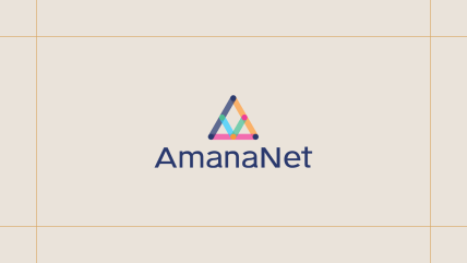 Logo with colorful triangle and AmanaNet text on a beige background with thin orange lines.