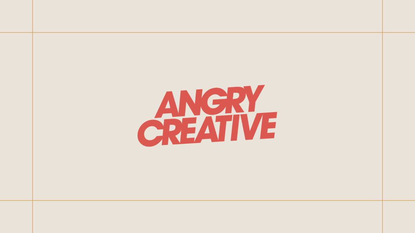 Angry Creative logo on a cream background, framed by thin gold lines.