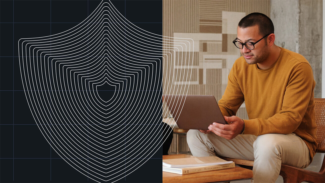 Man in glasses using a laptop, with an abstract shield design symbolizing WordPress Security on a dark background beside him.