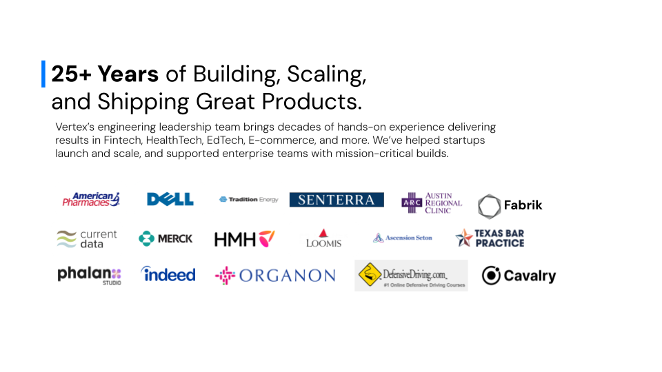 Showcasing 25+ years in digital solution product development with multiple company logos displayed.