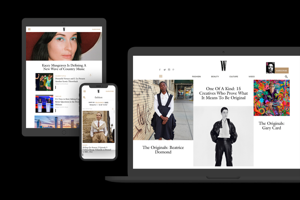 Tablet, phone, and laptop showing digital solution content from an online fashion and lifestyle magazine.