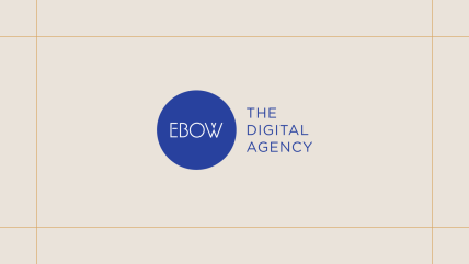 Ebow logo on a cream background, framed by thin gold lines.
