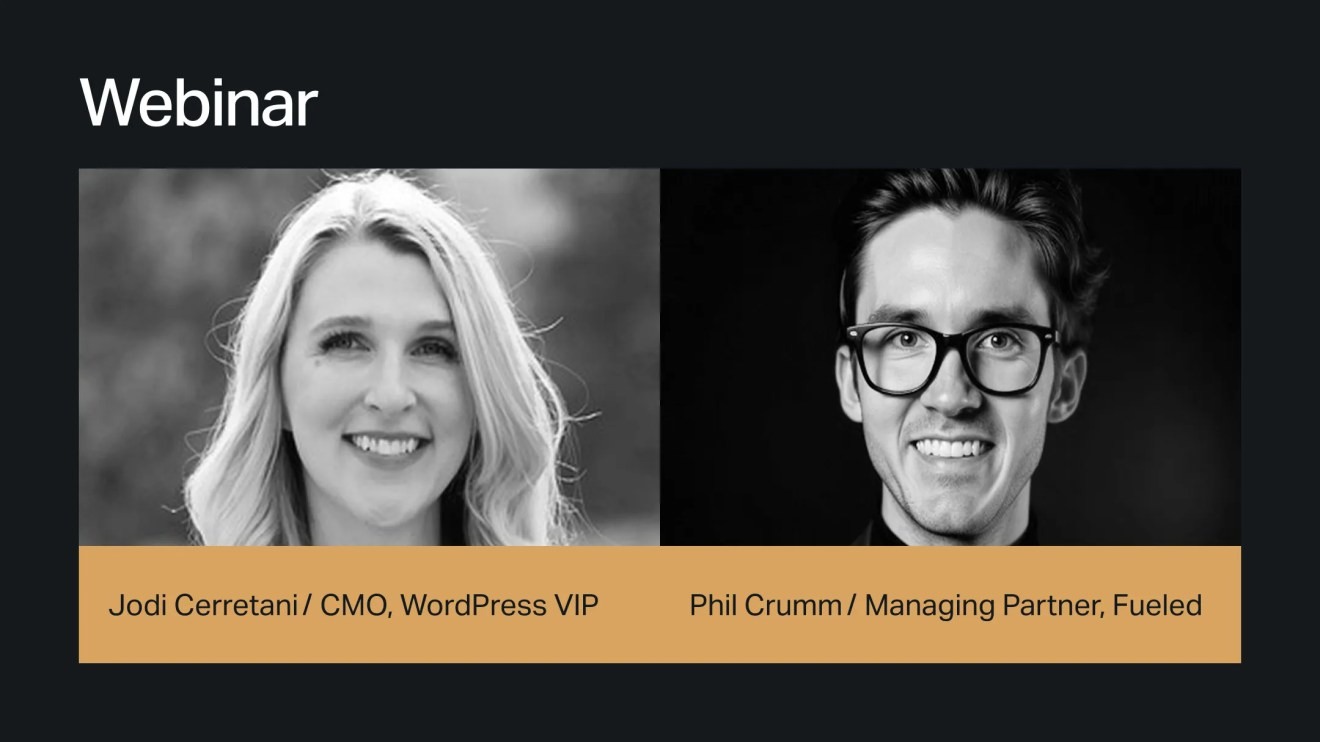 Two webinar speakers: Jodi Cerretani and Phil Crumm, shown in black-and-white headshots with titles, share insights on the Future of the Web 2026.