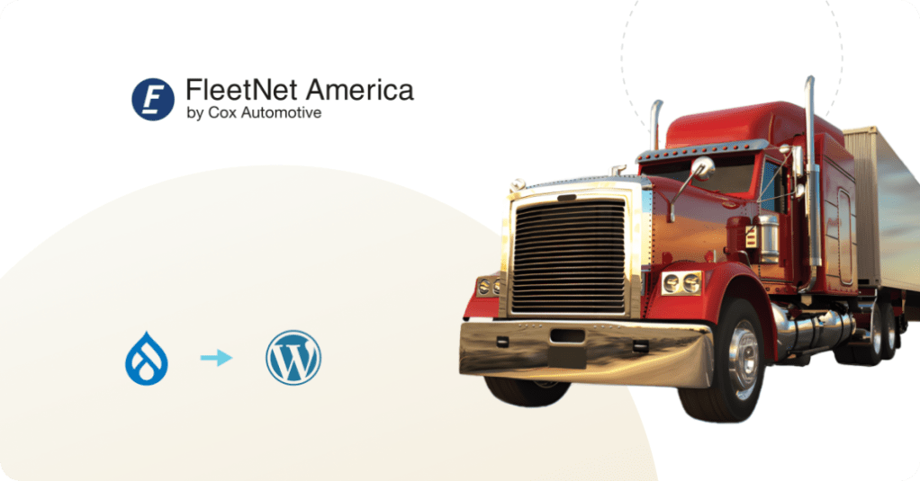 Red semi-truck with FleetNet America and Cox Automotive logos, highlighting digital solution integration with Drupal and WordPress.