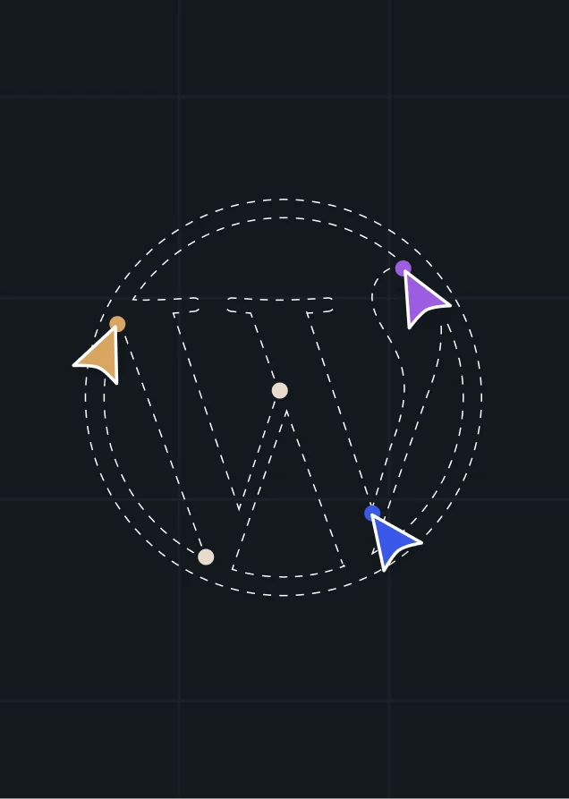 WordPress logo with three coloured cursors selecting different points around it.