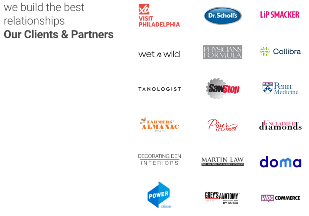Client brand logos integrated for digital solution content, including Visit Philadelphia, Dr. Scholl’s, and Penn Medicine.