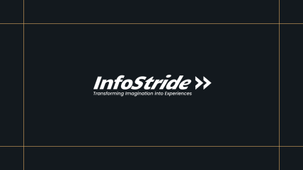 InfoStride logo on a black background, framed by thin gold lines.