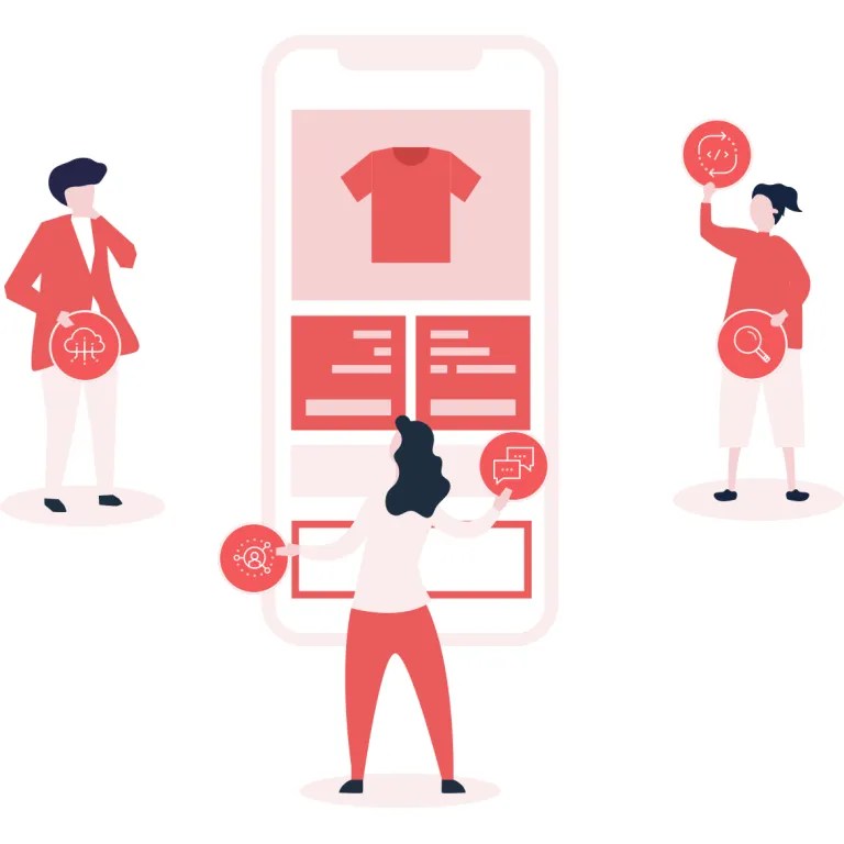 Illustration of group of people adding features to a fashion ecommerce app