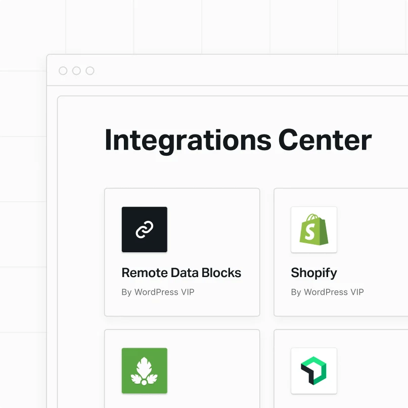 Integrations Center dashboard showcasing enterprise integrations, including Remote Data Blocks and Shopify, for connecting WordPress VIP with external platforms and services.