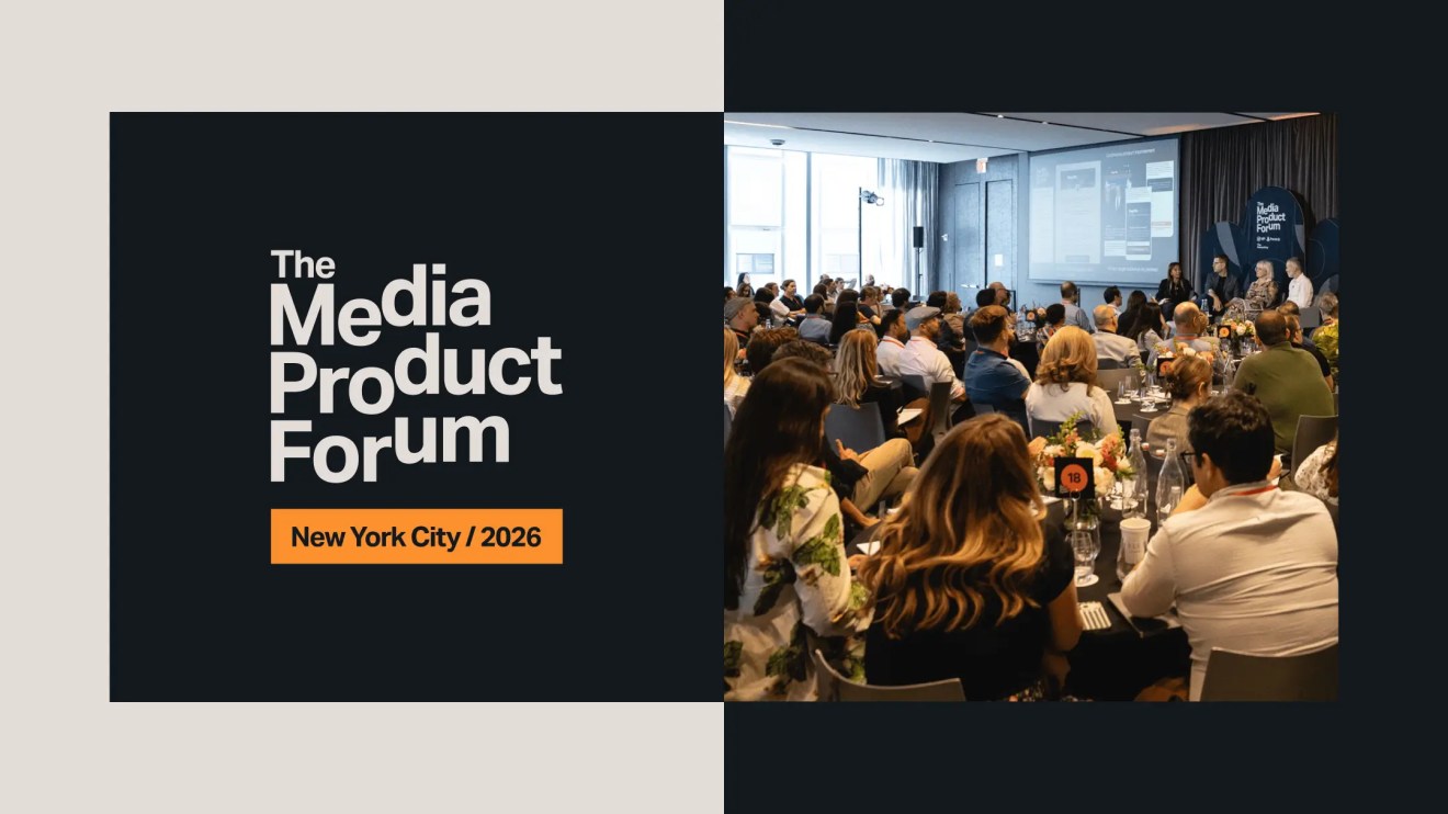 Audience at the Media Product Forum in New York City 2026, discussing how AI Adoption is shaping the future of media and strengthening Audience Trust, displayed on a screen.