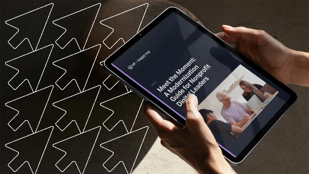 Tablet displaying a nonprofit digital transformation leaders guide, held by hands, with cursor icons in the background.