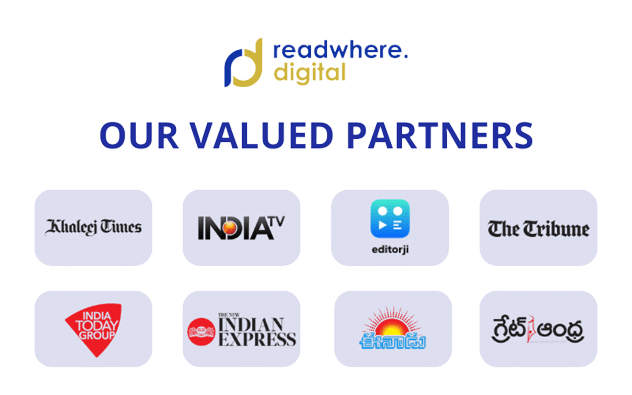 Readwhere Digital partner logos showing publishing integration with digital solution content platforms and editorial brands.