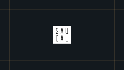 Sau Cal logo on a black background, framed by thin gold lines.