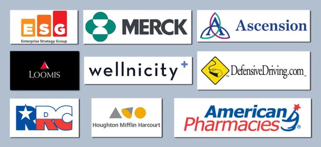 Collage of ten business logos representing integration options for digital solution content and publishing workflows.