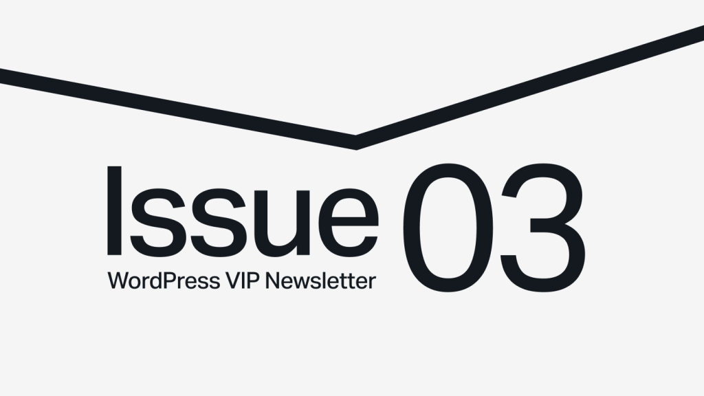 Text Issue 03 of WordPress VIP Newsletter below a thick, black, downward-pointing chevron on a light background.
