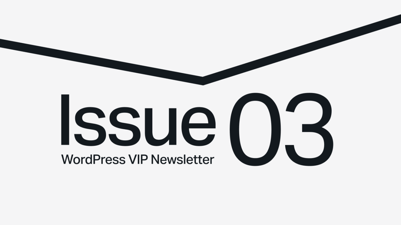Text Issue 03 of WordPress VIP Newsletter below a thick, black, downward-pointing chevron on a light background.