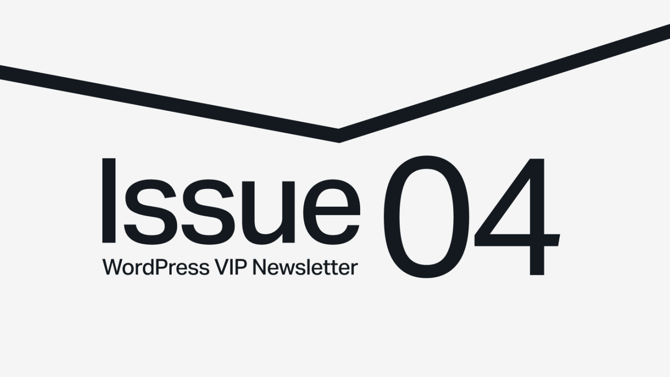 Text reads Issue 04, WordPress VIP Newsletter with a black chevron line above on a light background.