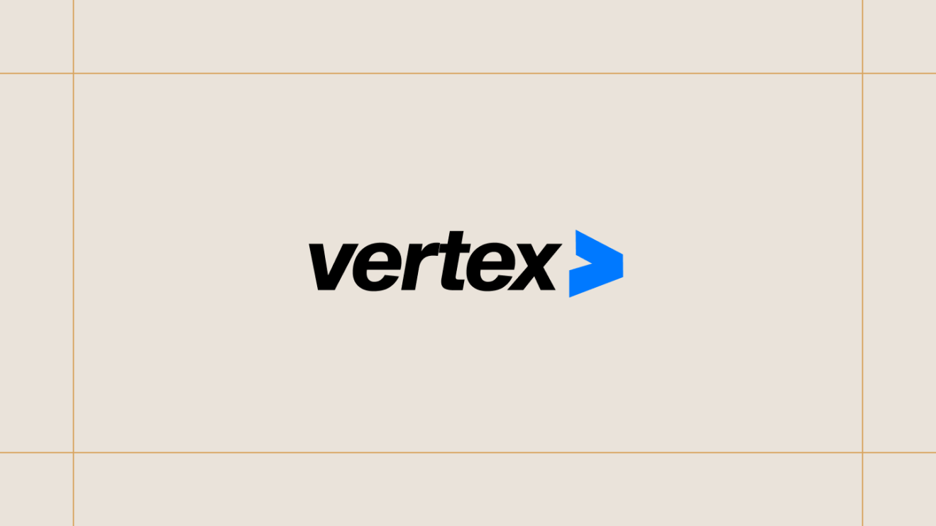Vertex logo on a cream background, framed by thin gold lines.