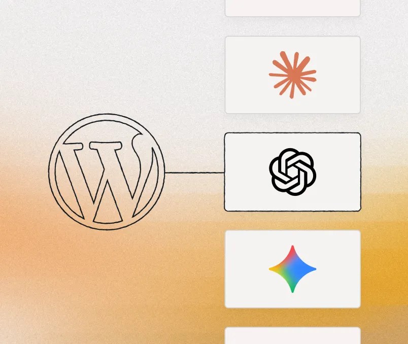Diagram showing WordPress connected to multiple AI services, illustrating enterprise integrations and an open ecosystem for content workflows.
