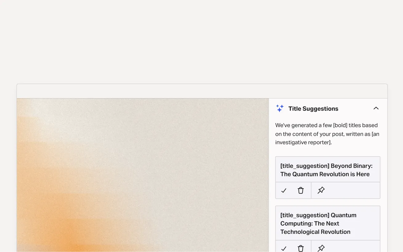 AI-powered title suggestions panel in the WordPress editor generating headline recommendations from article content to help editors optimize publishing decisions.