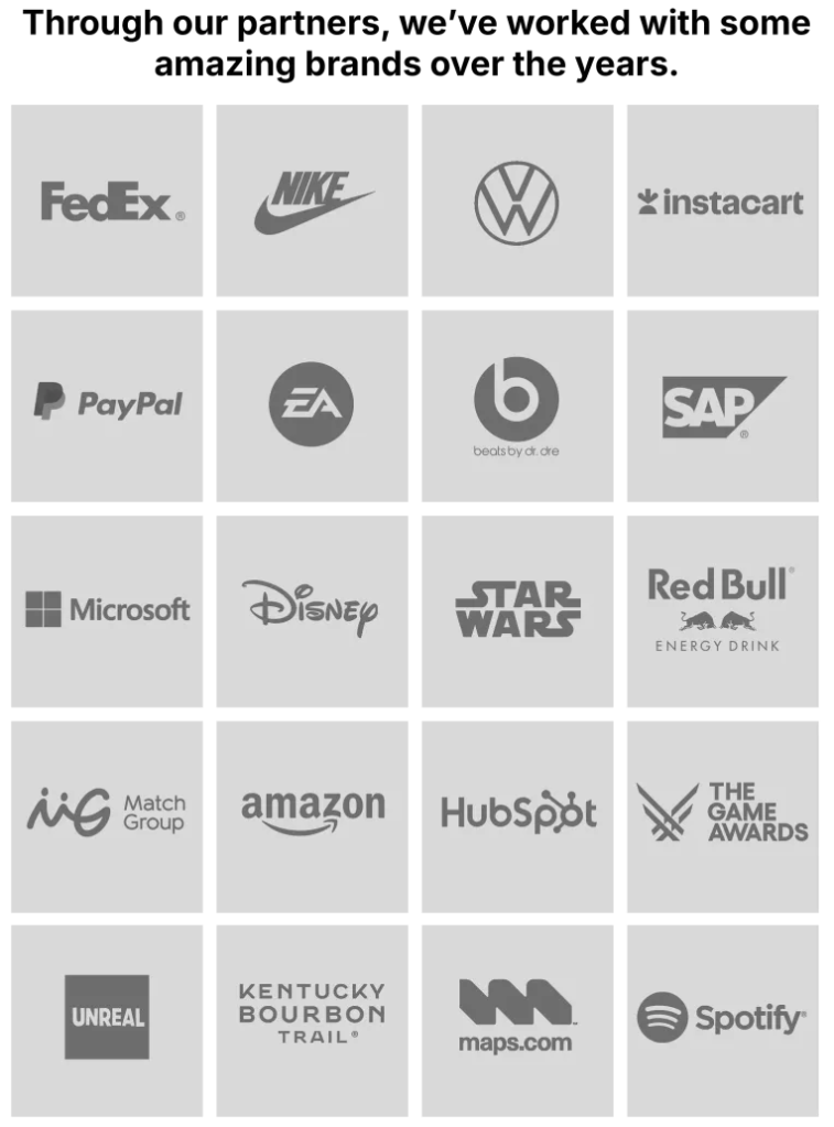 A grid of logos of White Rabbit Group's customers, with the text: "Through our partners, we've worked with some amazing brands over the years."