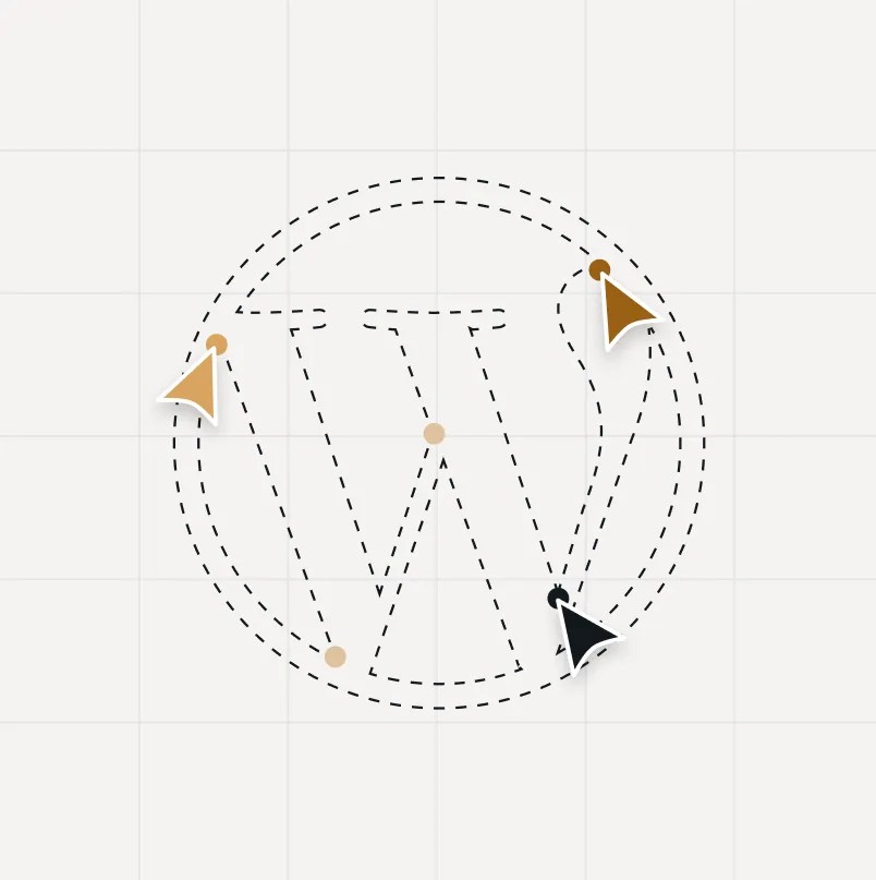 Abstract illustration of multiple collaborators editing the WordPress logo simultaneously, representing coordinated enterprise development and implementation across agency partner teams.
