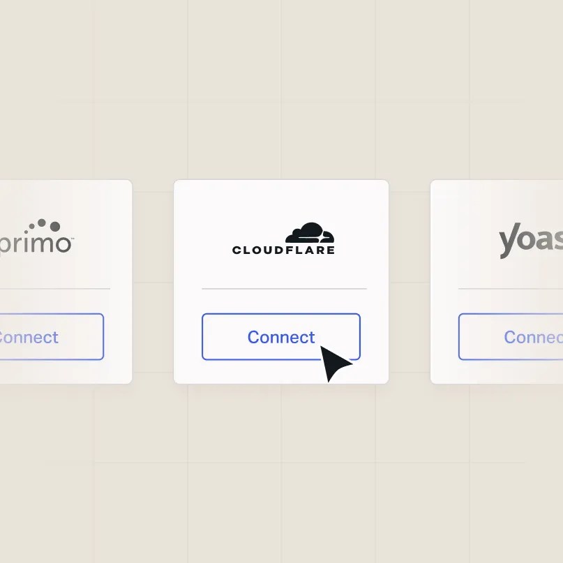 Cloudflare plugin card with a "Connect" button and cursor selecting the connection option.