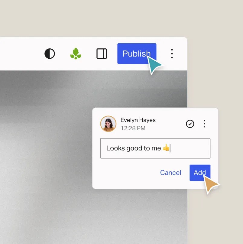 WordPress editor showing a publish button and a collaborator approving content with a comment before publication.
