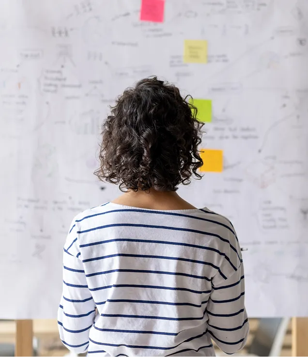 Person standing in front of a whiteboard covered with diagrams, notes, and colourful sticky notes.