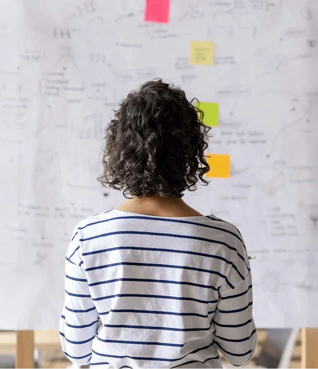 Person standing in front of a whiteboard covered with diagrams, notes, and colourful sticky notes.