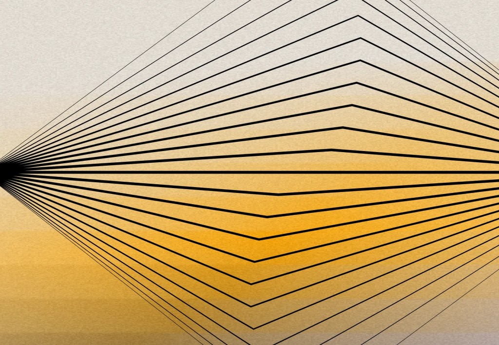 Abstract geometric illustration of converging black lines forming a symmetrical diamond shape on a gold and beige gradient background.