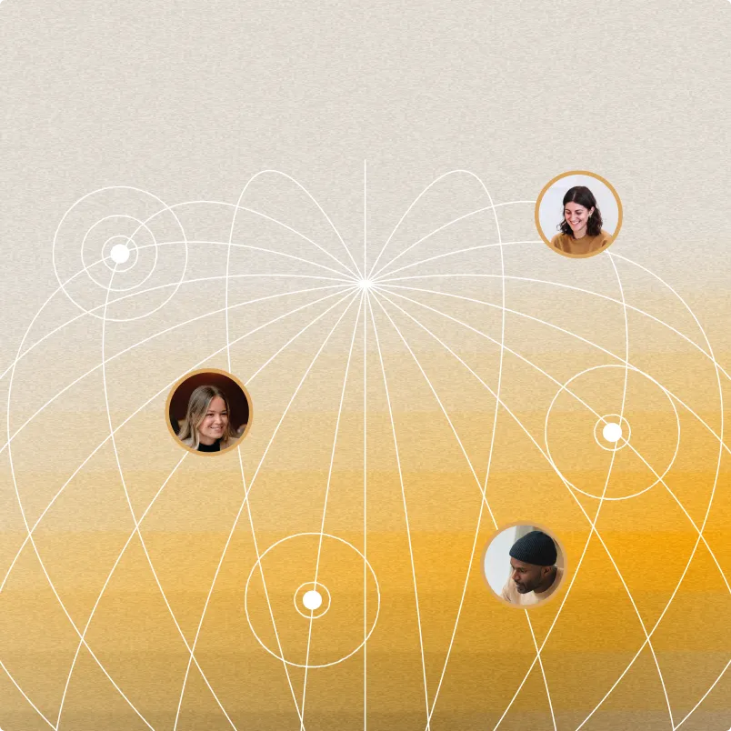 Illustration of connected team members linked through a network of intersecting lines.