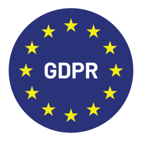 GDPR security badge for digital solution content governance, blue circle with yellow stars and white GDPR text.