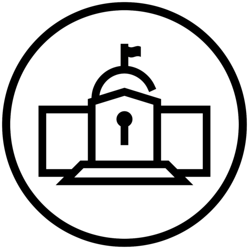 Government building icon with keyhole, representing security governance in a digital solution.